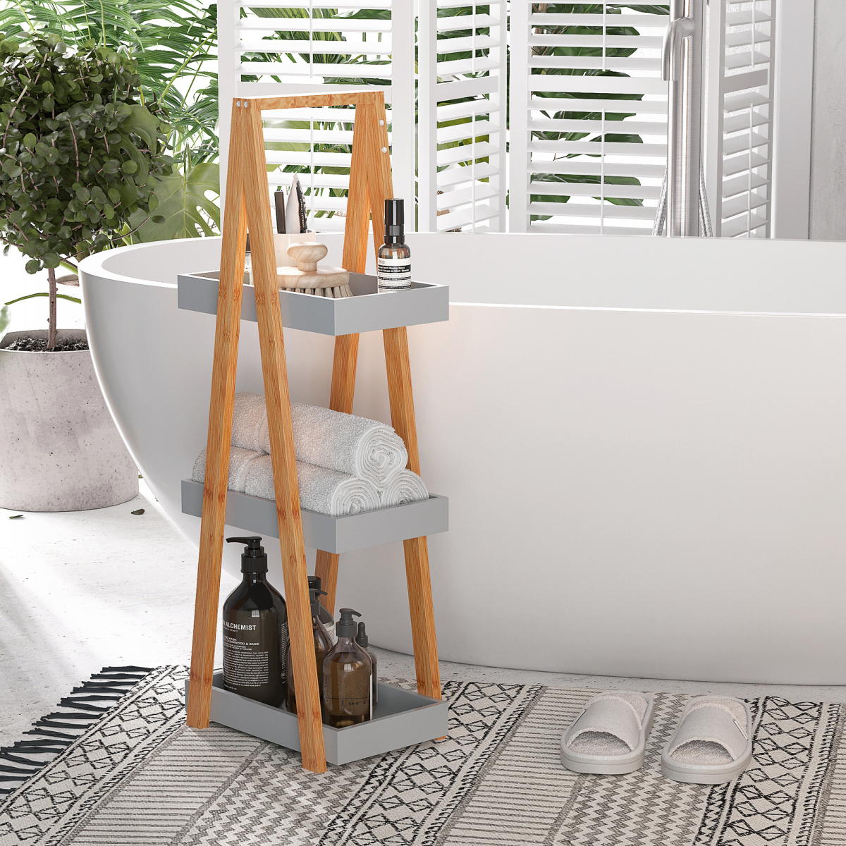 Shower caddy in bathroom