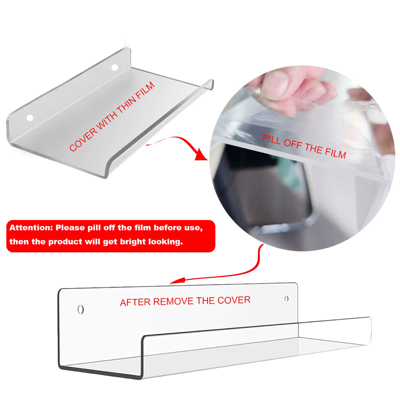 Clear Acrylic Floating Shelf – Self Adhesive Invisible Shelf