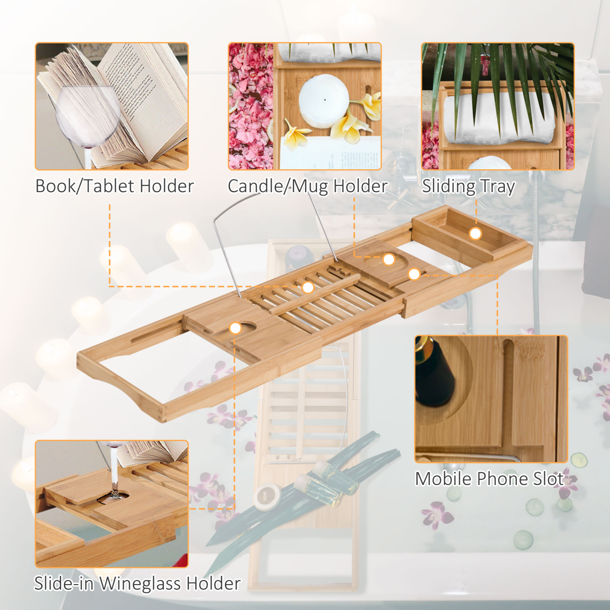 Extendable Bathtub Caddy Tray – Wine & Book Holder