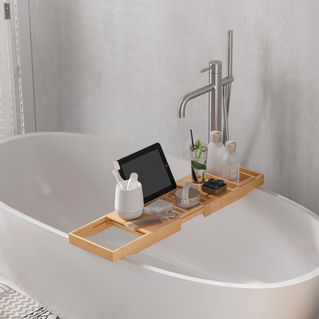 Extendable Bathtub Caddy Tray – Wine & Book Holder
