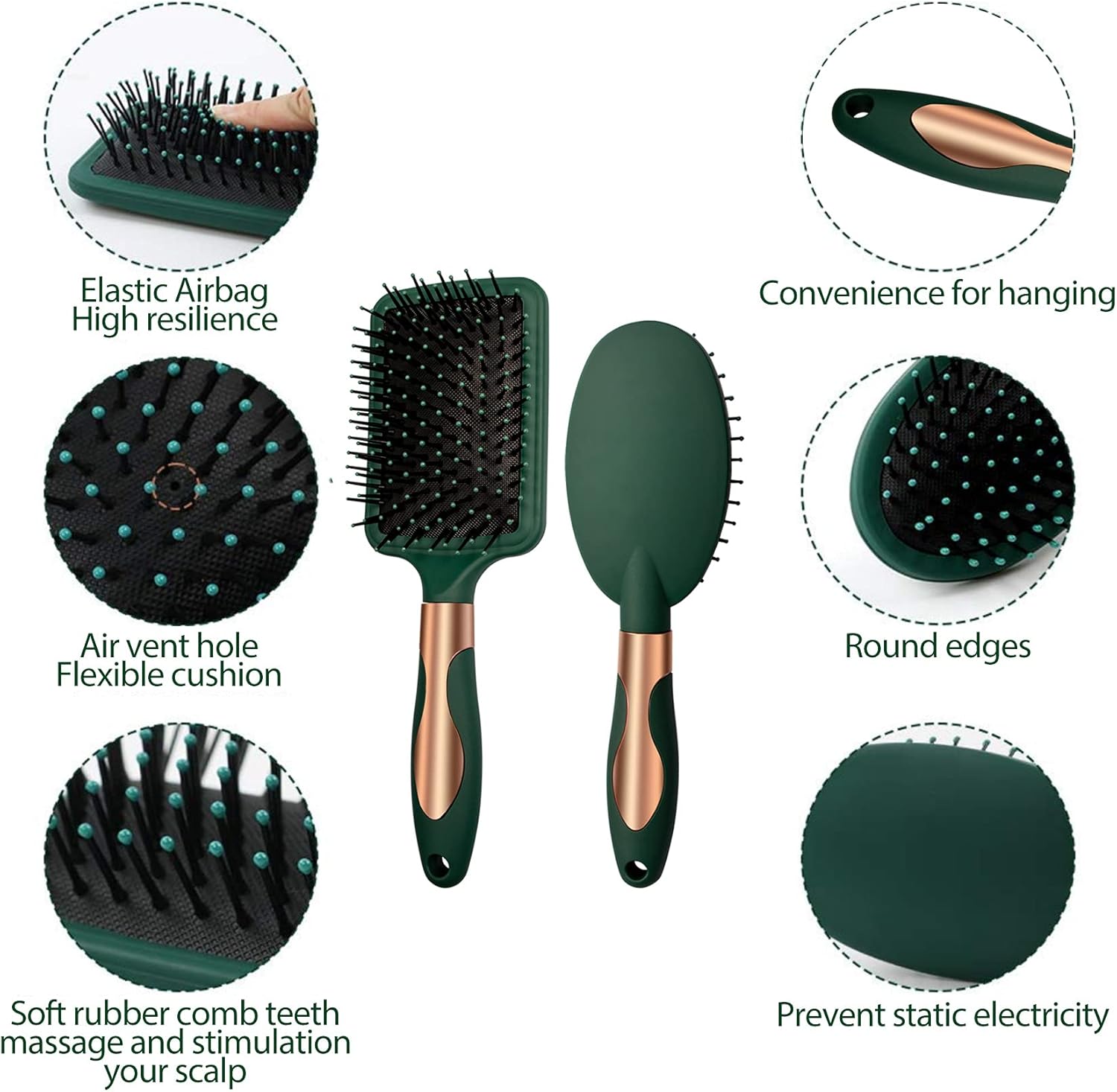 HairBrush Set Anti Static Massage Oval Comb Round Hair Brush Vent Hair Brush Detangling Brush Paddle Brush for Women Men Green