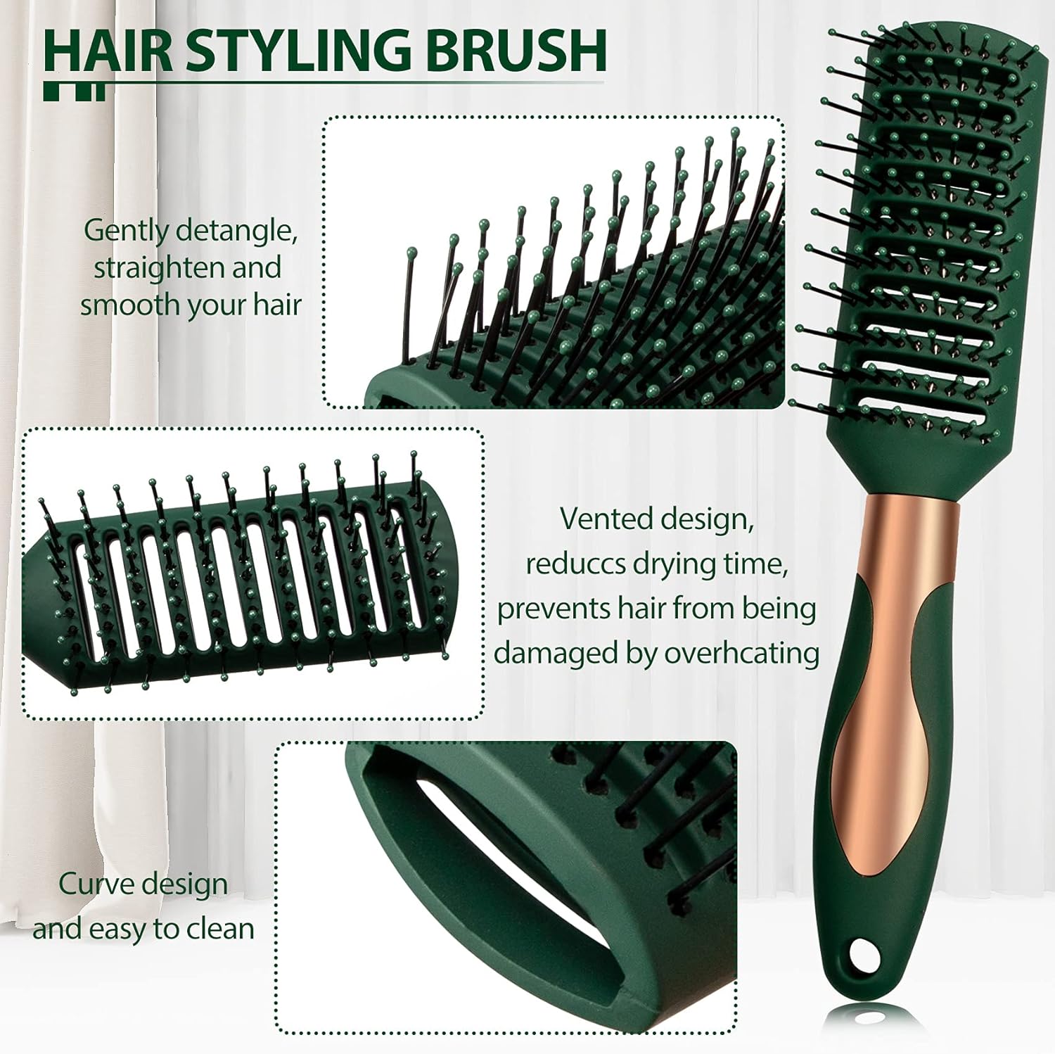 HairBrush Set Anti Static Massage Oval Comb Round Hair Brush Vent Hair Brush Detangling Brush Paddle Brush for Women Men Green