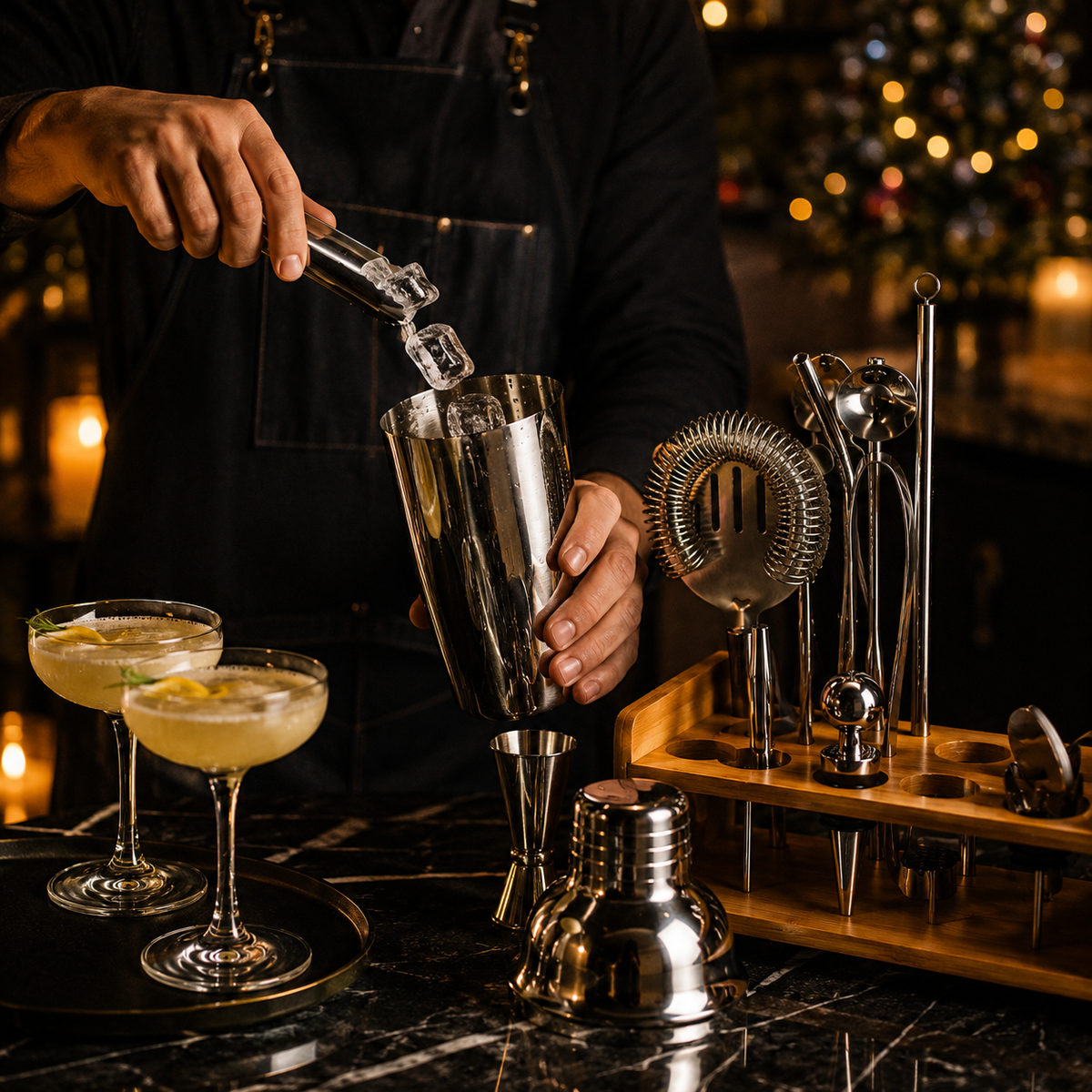 Cocktail making set in use with shaker and bamboo stand bar tools — Variety Home UK