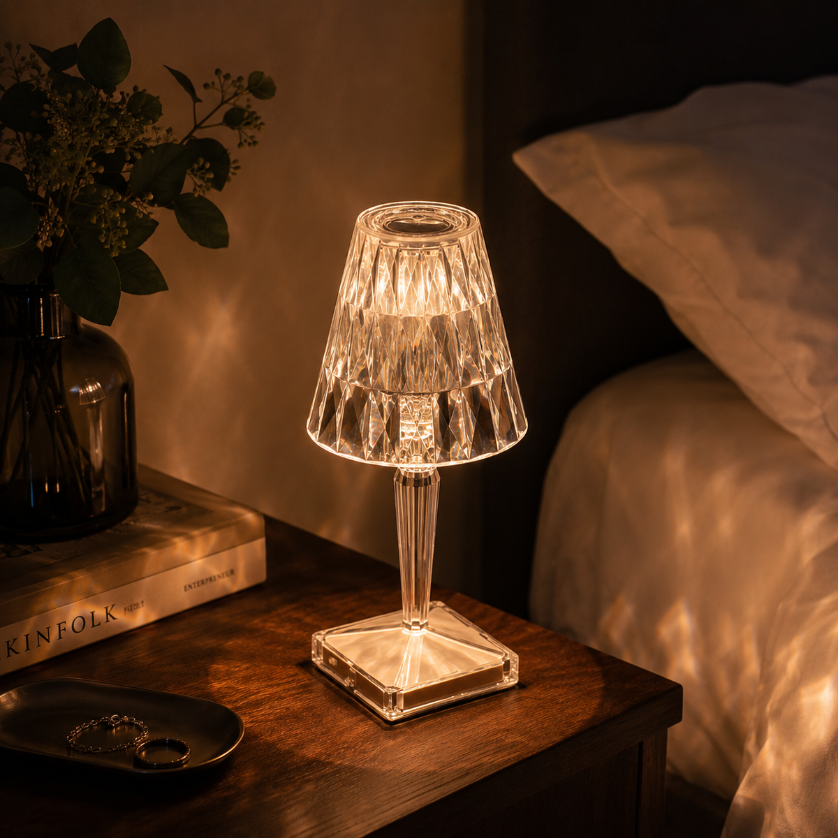 Rechargeable acrylic lamp on bedside table in cosy bedroom at night — Variety Home UK