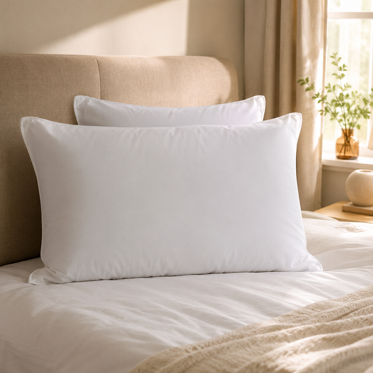 White cotton pillow pair on bed morning light upholstered headboard — Variety Home UK