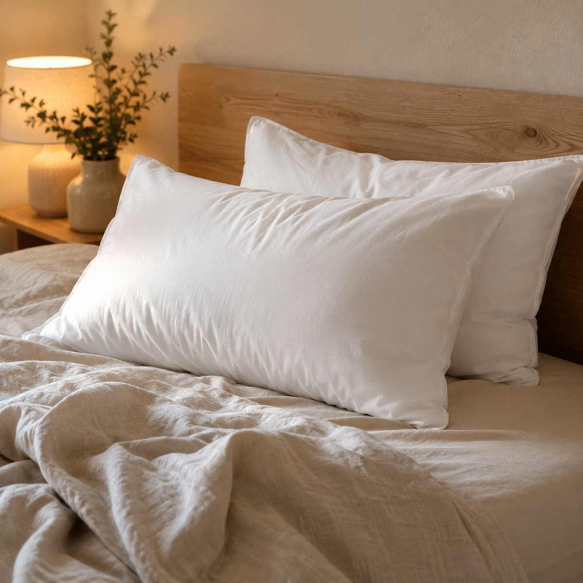 Cotton pillow pair warm evening bedroom scene wooden bed — Variety Home UK