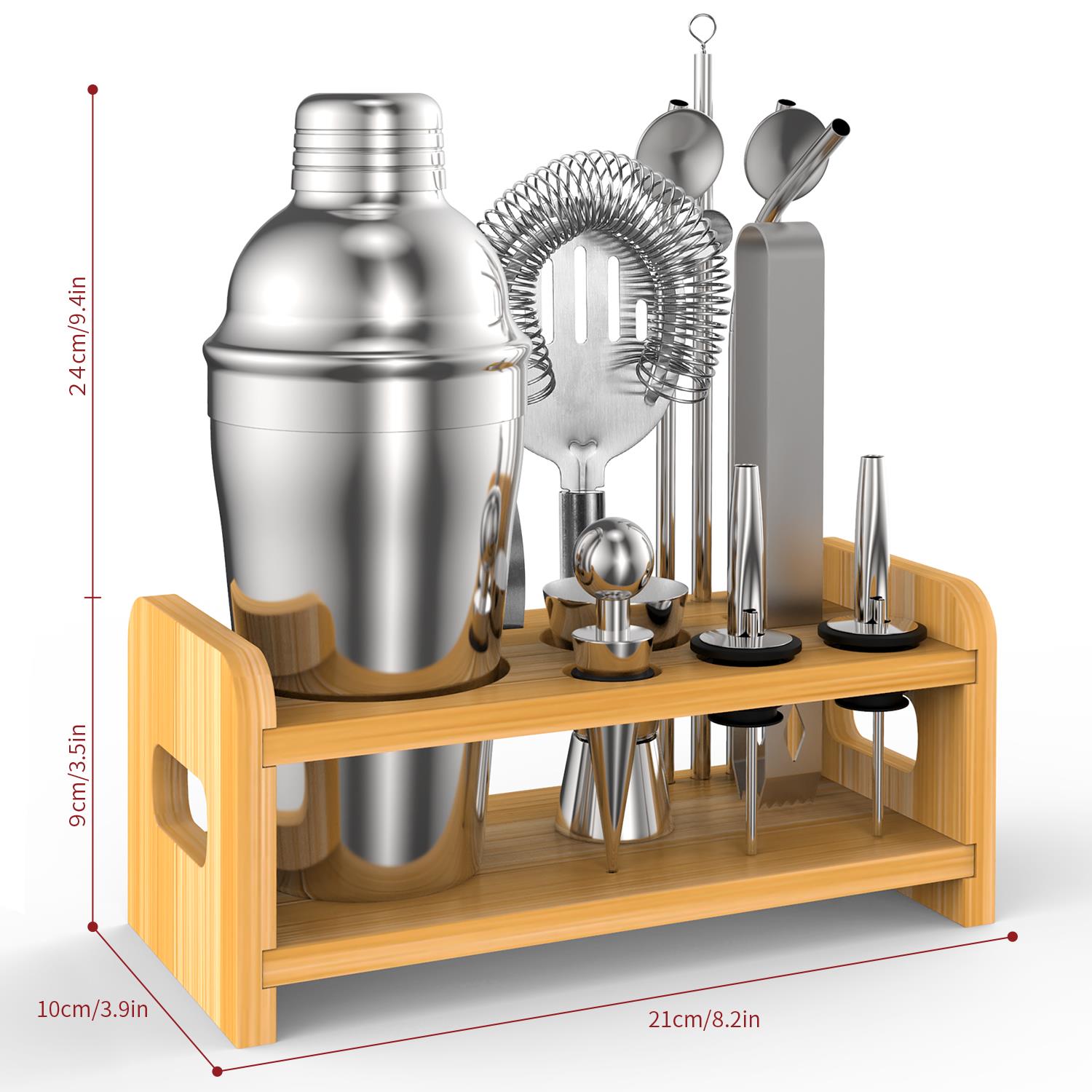 Vinsani 15pc Cocktail Set on bamboo stand with dimensions