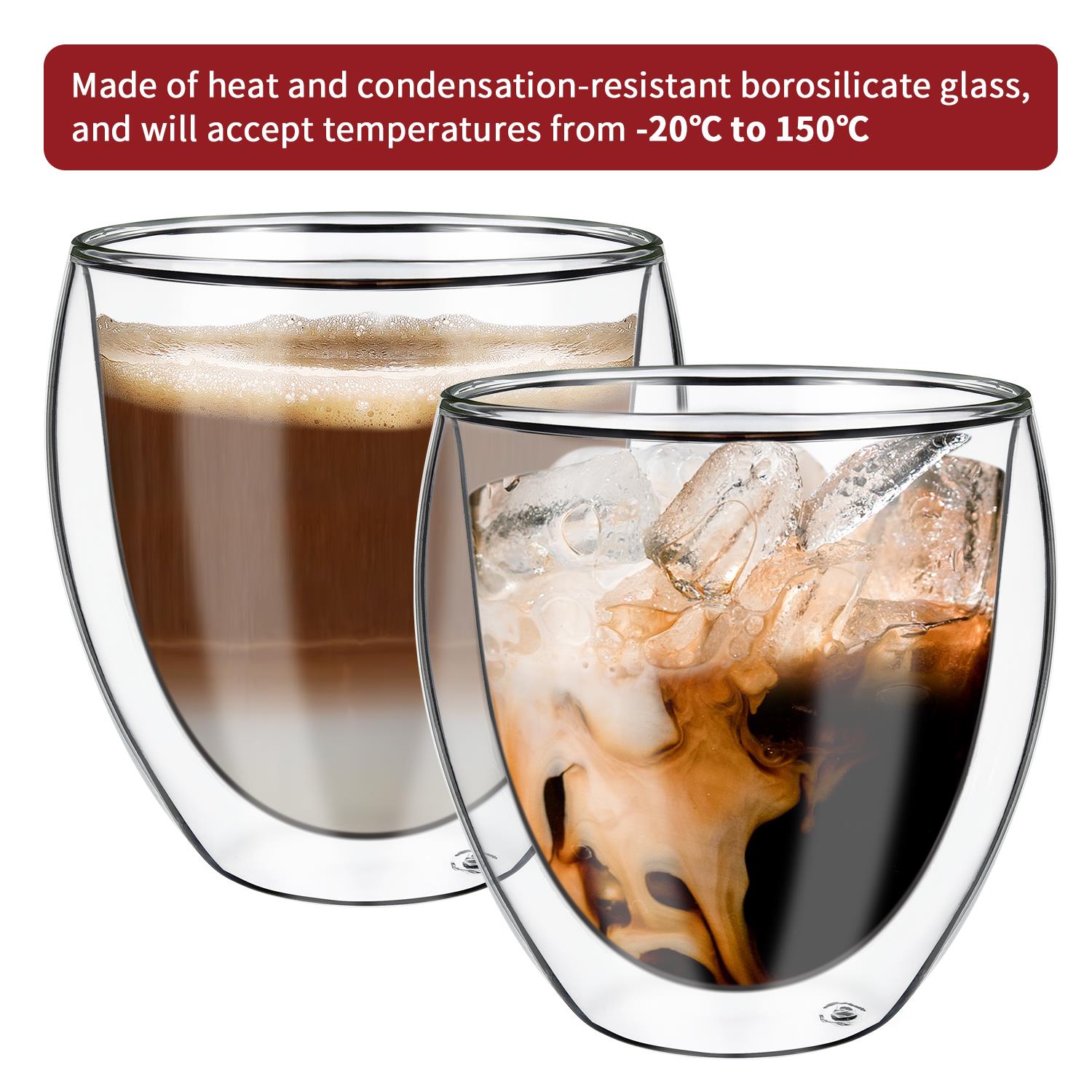Vinsani Double Wall Glasses Cava with hot and iced coffee