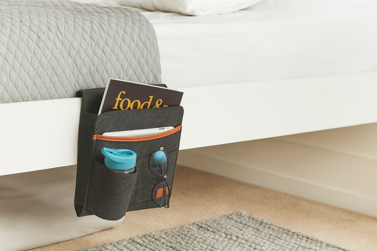 Bed pocket organiser in use