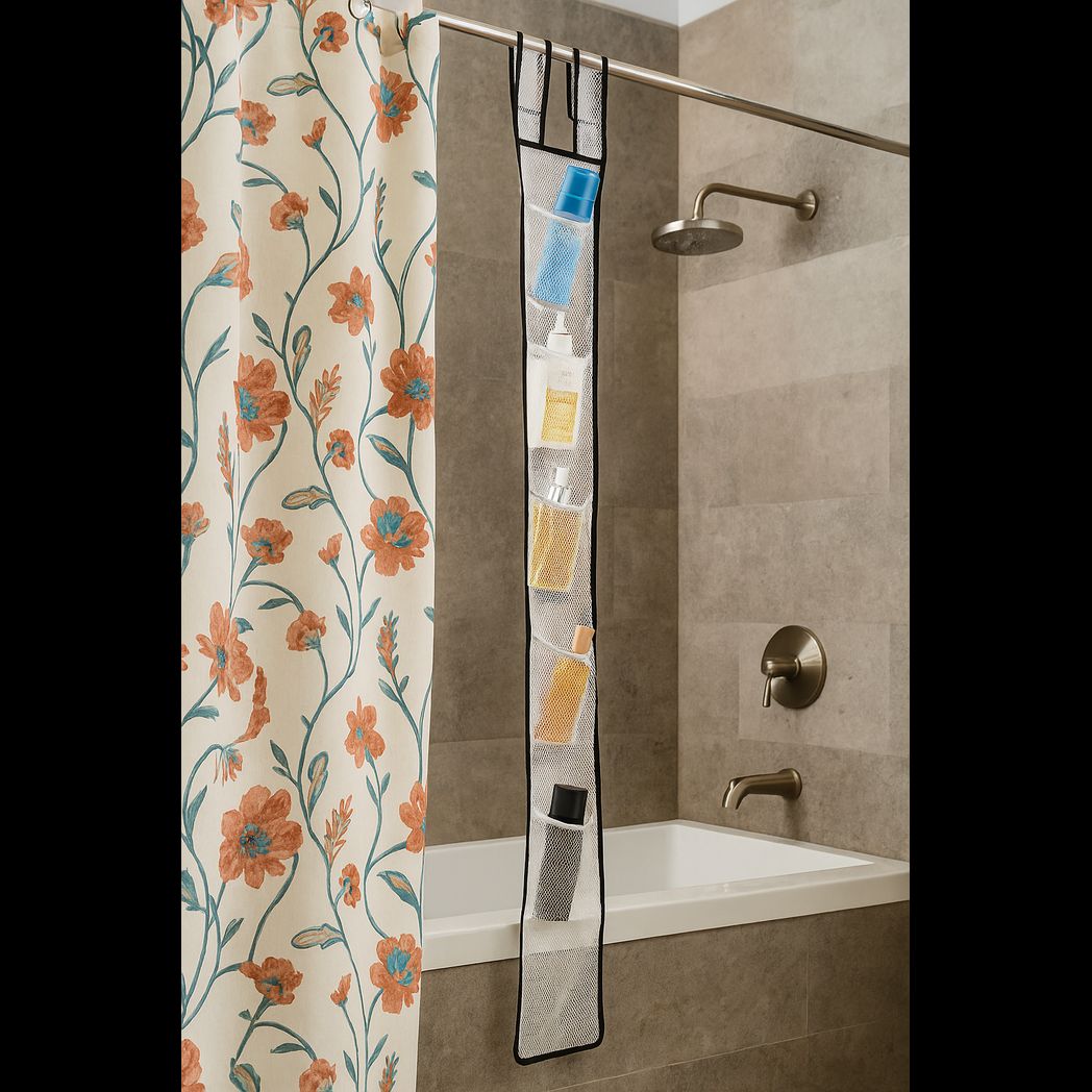 7 Pocket Hanging Mesh Shower Caddy in use